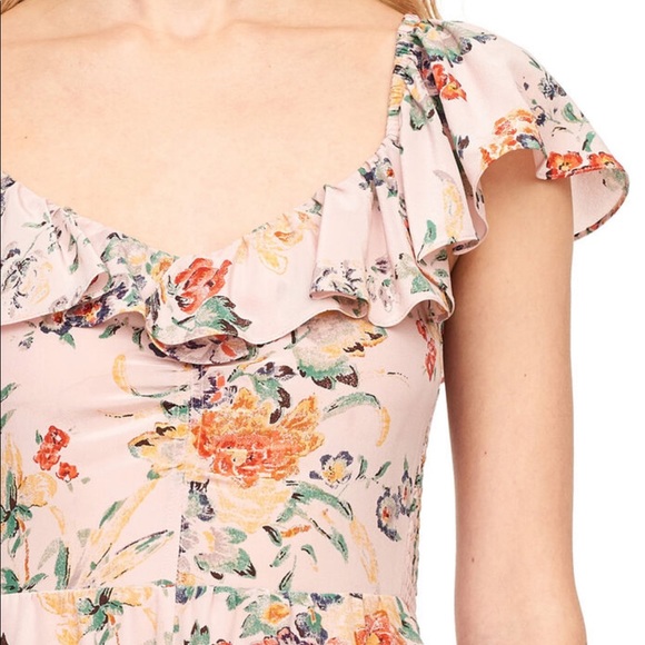 Rebecca Taylor Marlena pink green yellow floral print silk ruffle neckline dress - Picture 4 of 13